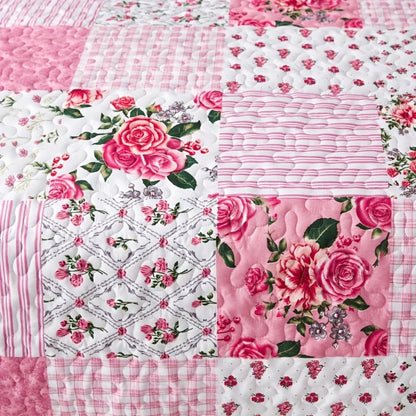 Bright Pink Floral Patchwork Three-Piece Bedspread Set with Twin, Full-Queen and King Size Options