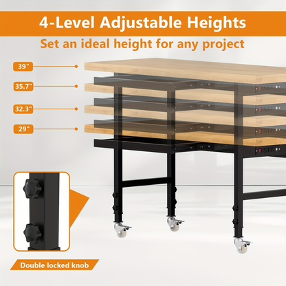 Wood-Top Rolling Workbench in 48, 60 or 70-Inch Lengths with Drawer and No-Drawer Checkout Options