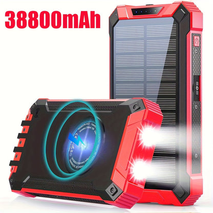 Solar Power Bank, 32800mAh or 38800mAh Wireless Charger with Up to Six Outputs, Dual Lights and Cable Options