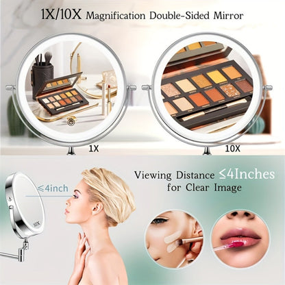 Makeup Mirror with Lights, Wall-Mounted 8-Inch Dual-Sided 1X and 10X with Three Light Colors, Touch Dimming and USB Charging