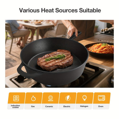 2-in-1 Cast Iron Dutch Oven with 26cm Deep Pot and Long-Handle Skillet Lid for Stovetop, Oven or Campfire