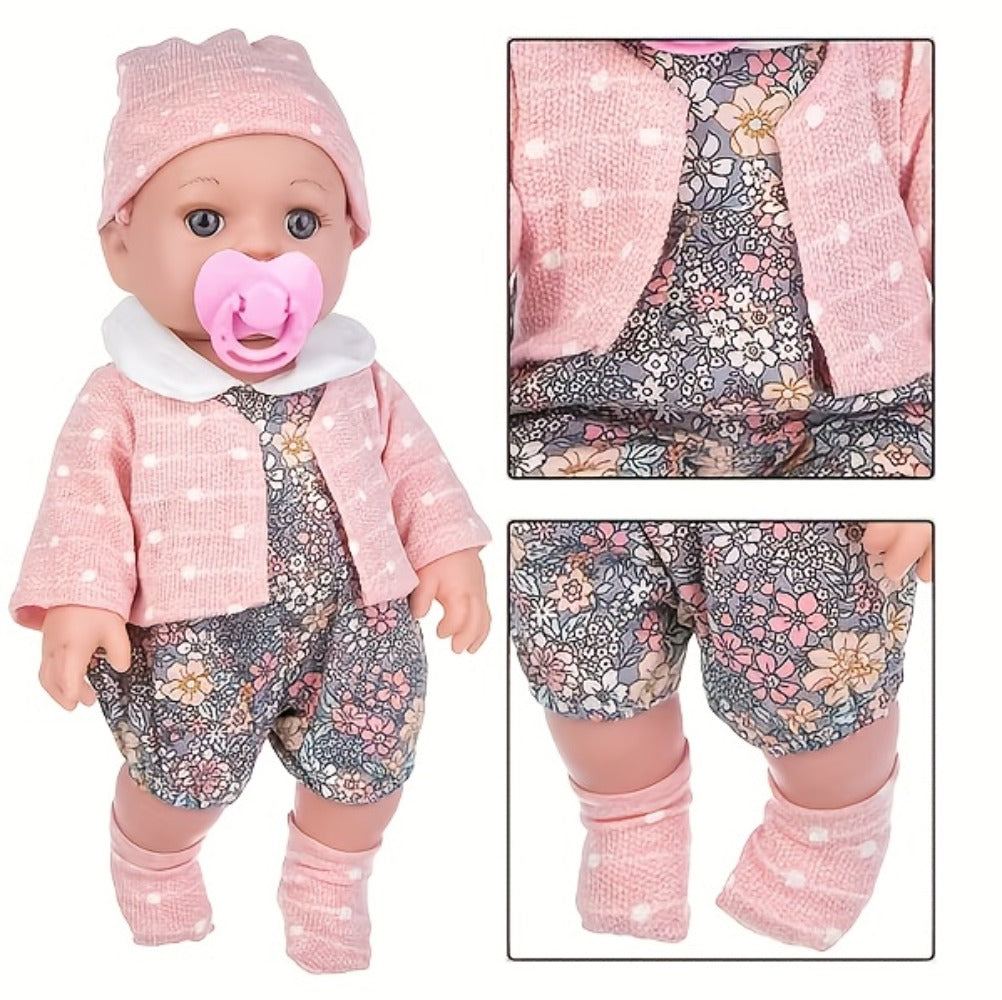 Pink Baby Doll with Open-Eye Face, Pacifier and Textured Outfit Across Three Checkout Style Labels