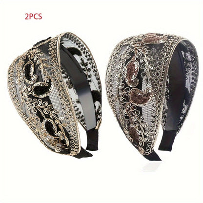 Lace Sequin Flower Headbands for Women 2pcs Wide Non-Slip Boho Retro Embroidered Hair Hoops for Daily Wear Spring Summer Wedding Party Chic