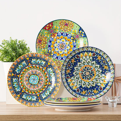 Bohemian Dinner Plates Set of 6 – 10.5 Inch Colorful Stoneware Plate Set Microwave Dishwasher Safe Scratch Resistant Porcelain Dinnerware