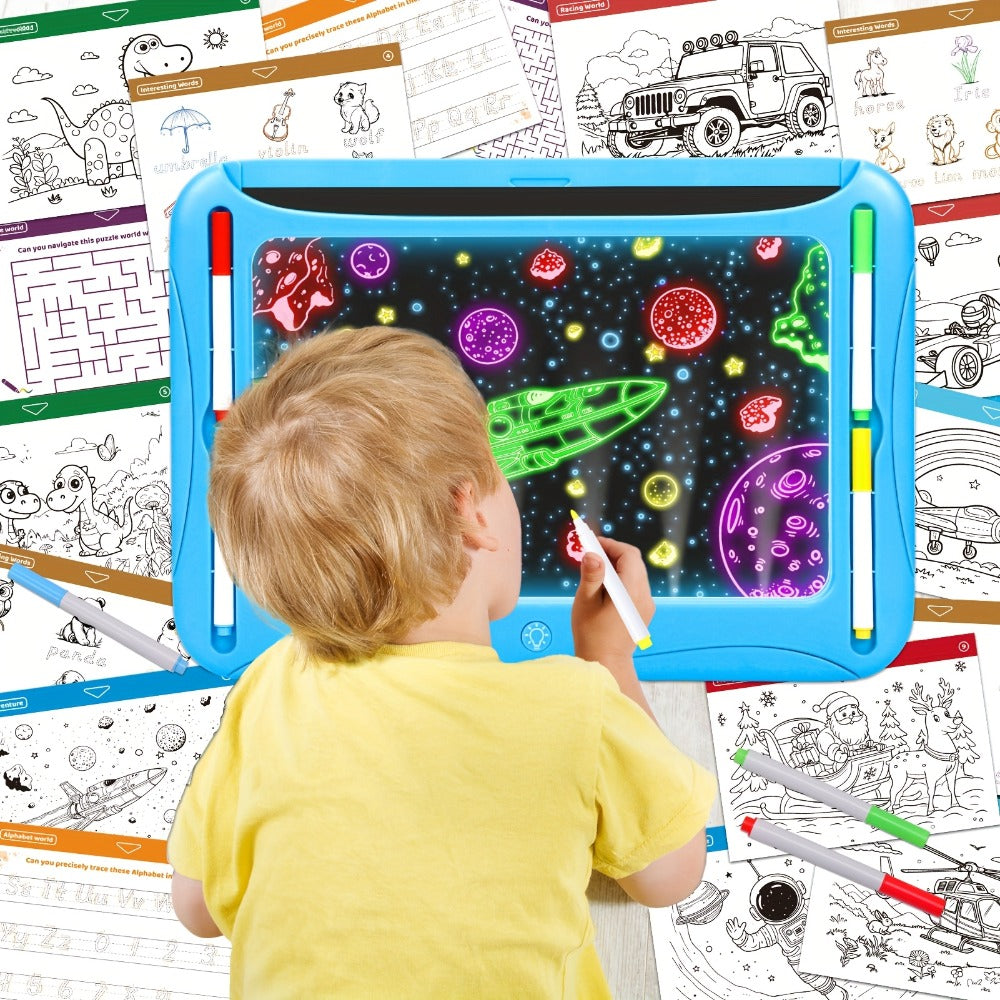 LED Light Up Drawing Board for Kids, 9 Double-Sided Tracing Cards 6 Markers Glow Doodle Travel Art Toy for Girls Boys Ages 3-8