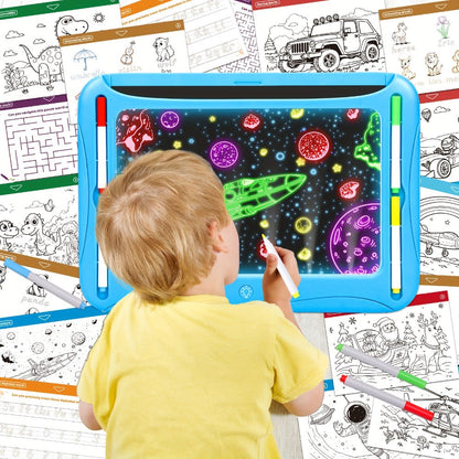LED Light Up Drawing Board for Kids, 9 Double-Sided Tracing Cards 6 Markers Glow Doodle Travel Art Toy for Girls Boys Ages 3-8