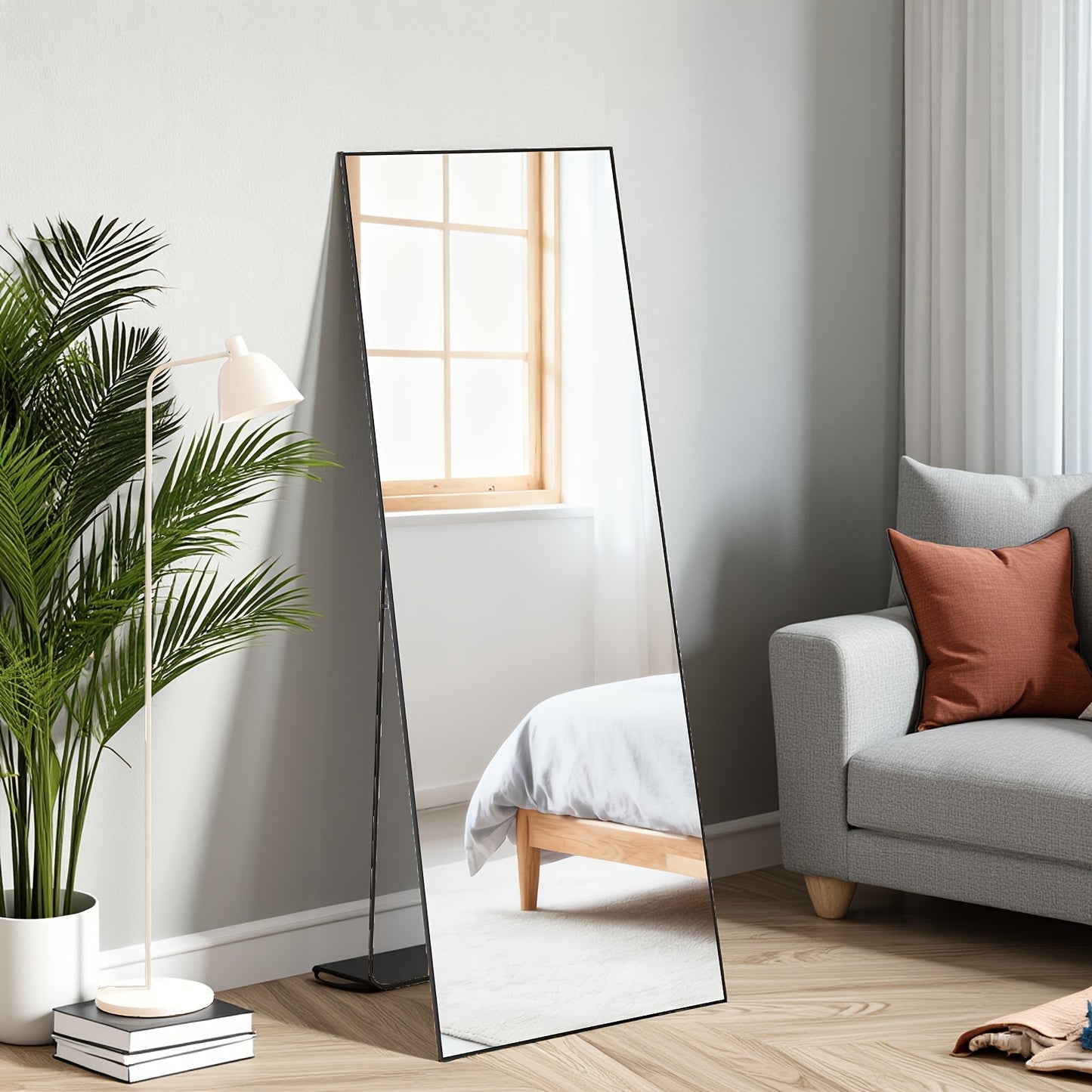 Full Length Mirror Floor Standing, Arched & Rect Body Mirror with Stand, Hanging or Leaning Wall Mirror, Aluminum Alloy Thin Frame