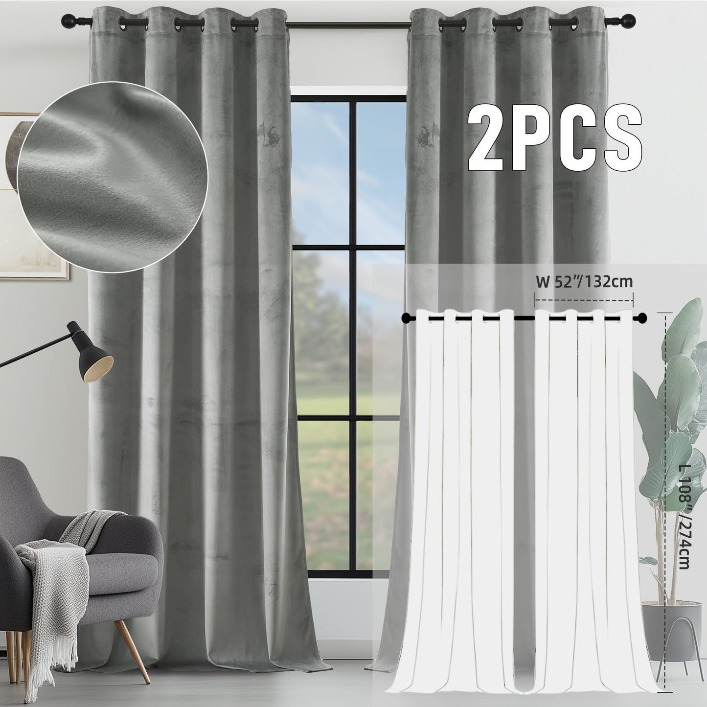 Velvet Room Darkening Curtains 2 Panels, Grommet Top Thermal Insulated Soundproof Blackout Curtains for Living Room Bedroom