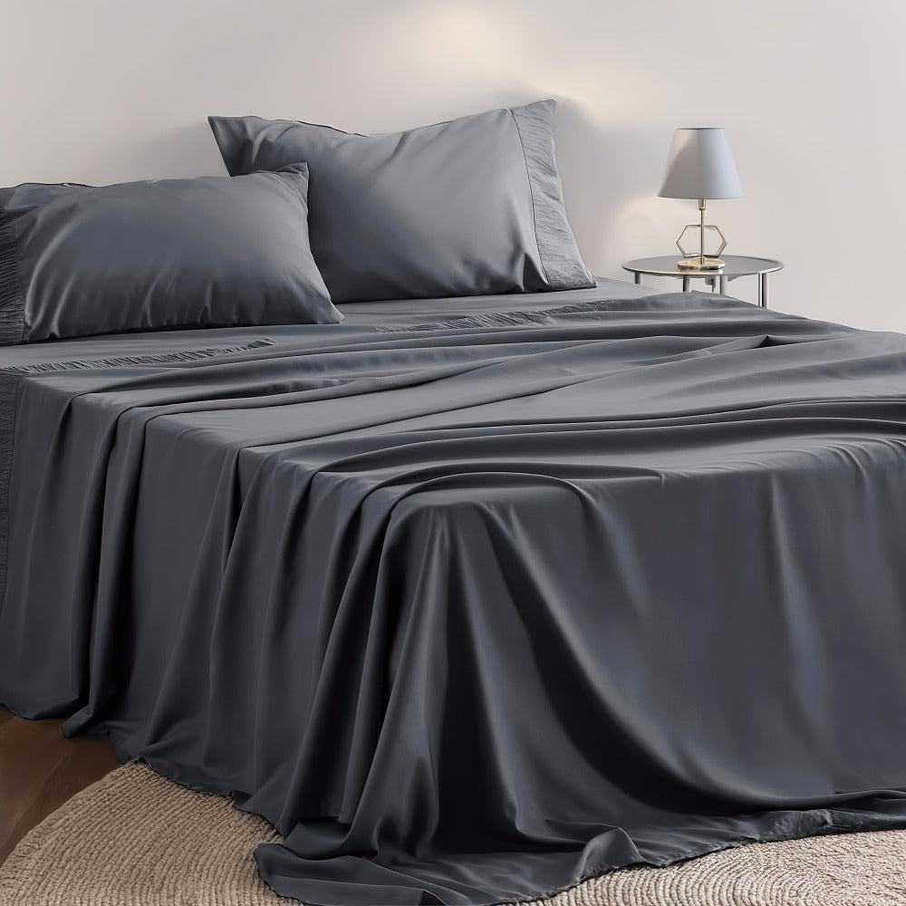 Sheet Set, Four-Piece Solid-Color Bedding with Deep-Pocket Fitted Sheet, Flat Sheet and Two Pillowcases
