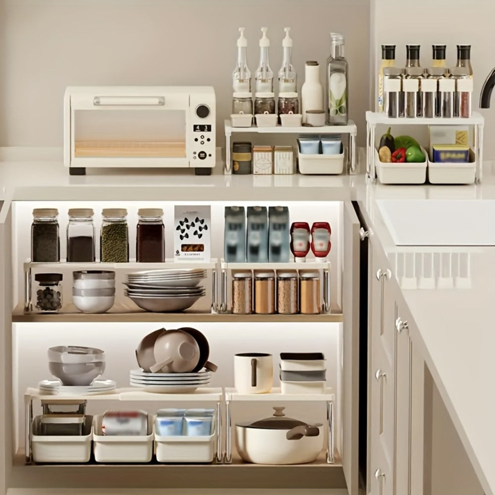 Expandable Countertop Shelf Riser with Short Legs, White or Cream Finish and 11.2- to 20.3-Inch Width