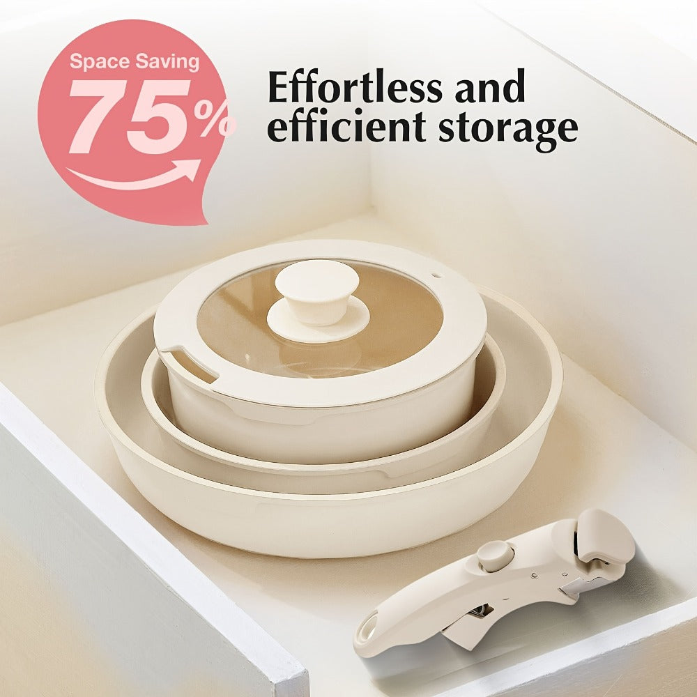 Cookware Set IKTU 5-Piece Detachable-Handle Aluminum Pots and Pans in White, Pink, Beige or Coral Pink