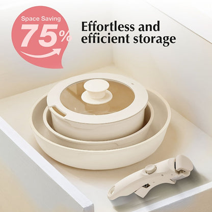 Cookware Set IKTU 5-Piece Detachable-Handle Aluminum Pots and Pans in White, Pink, Beige or Coral Pink