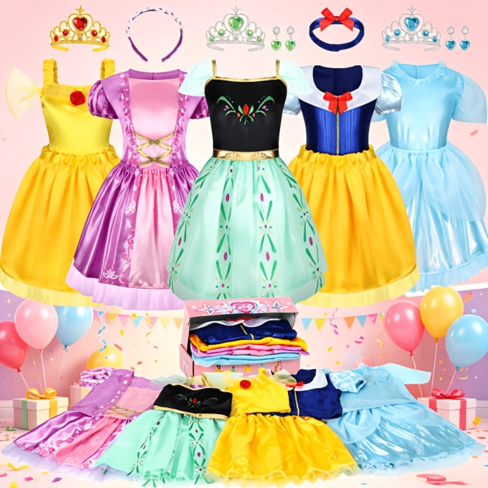 Girls Princess Dress Up Costume Set 14pcs, 5 Role Play Outfits with Crowns, Earrings & Storage Box