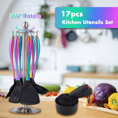 Silicone Cooking Utensils Set 17 Piece Rainbow Titanium with Rotating Holder – Heat Resistant Non-Stick Spatulas