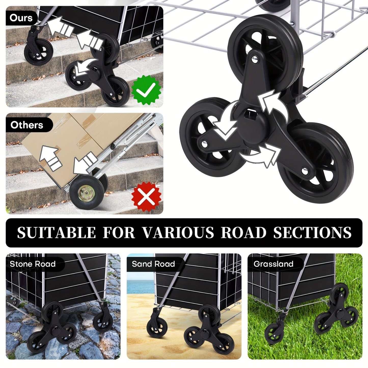 Stair Climbing Cart 8 Wheels 100 LBS Capacity Collapsible Utility Cart Foldable Grocery Dolly with Dual Basket Stainless Steel Frame