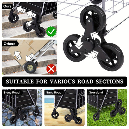 Stair Climbing Cart 8 Wheels 100 LBS Capacity Collapsible Utility Cart Foldable Grocery Dolly with Dual Basket Stainless Steel Frame