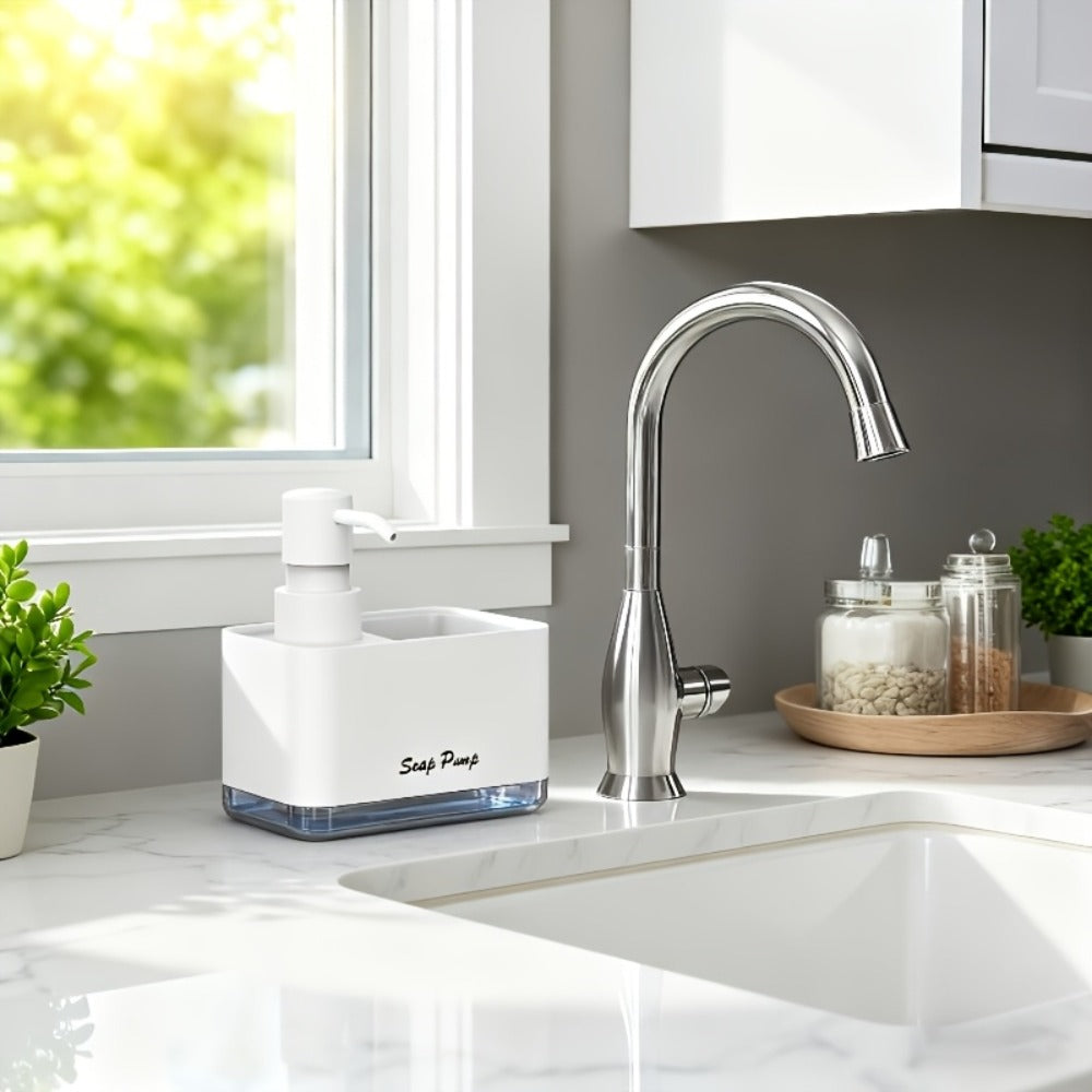 Soap Dispenser with Sponge Holder 2-in-1 – Countertop Dish Soap Pump Dispenser and Sponge Caddy for Kitchen Sink