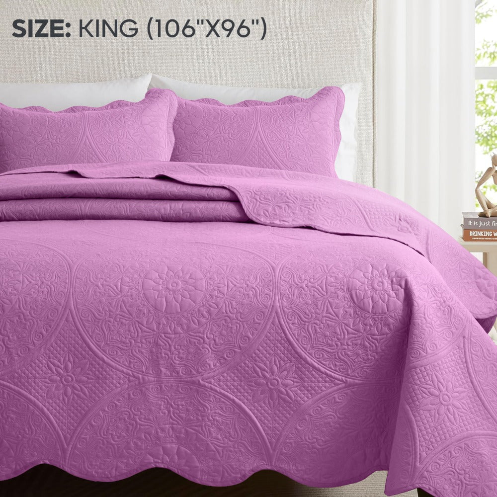 Floral-Pattern Three-Piece Bedspread Set in 16 Colors with Twin, Queen, King and California King Sizes