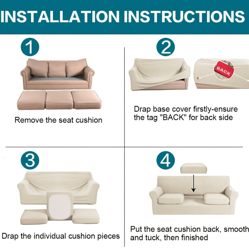 Sofa Cover Grid Jacquard Elastic Full-Cover Slipcover with Elastic Fit for 1 to 3 Seats and XL Sofas