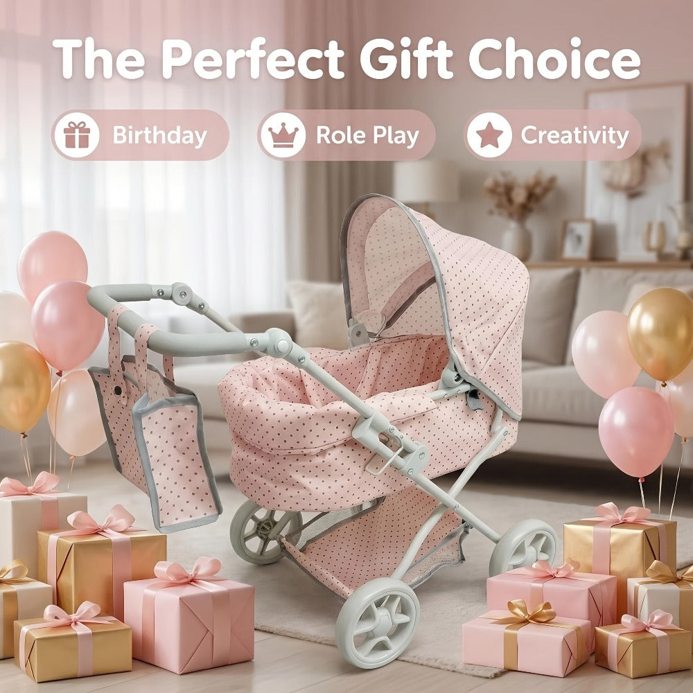 3-in-1 Baby Doll Stroller Set Pink Foldable Pram with Bassinet & Carry Bag with the Listed Color, Size or Set Options for Everyday Use