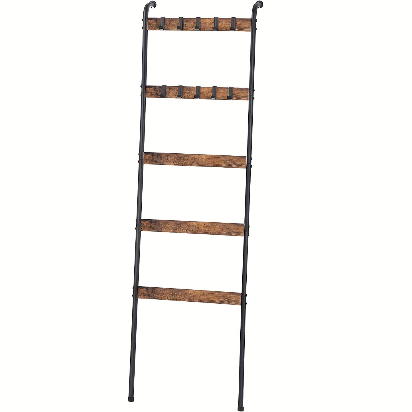 Blanket Ladder 5 Tier Farmhouse Wood with 10 Removable Hooks Wall Leaning Towel Rack Quilt Holder for Living Room Bathroom Bedroom Decor