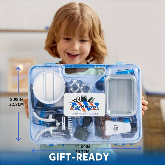 Kids Barbershop Pretend Play Kit 23pcs with Storage Box, Realistic Barber Role Play Toys with Shaver Scissors Hairdryer Comb