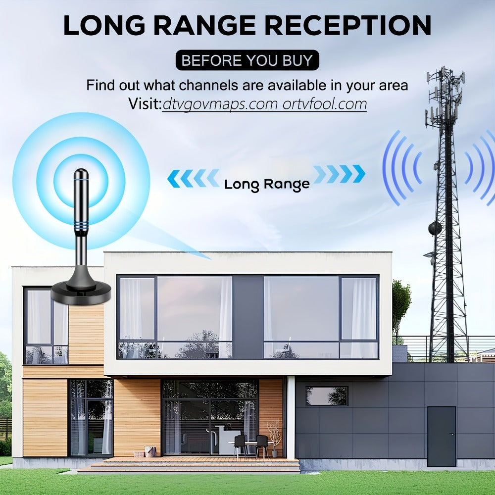 Smart IC Chip TV Antenna with Signal Booster – 4K Ultra HD & 1080P, Omnidirectional Indoor & Outdoor, Weather Resistant, 10FT Coax Cable