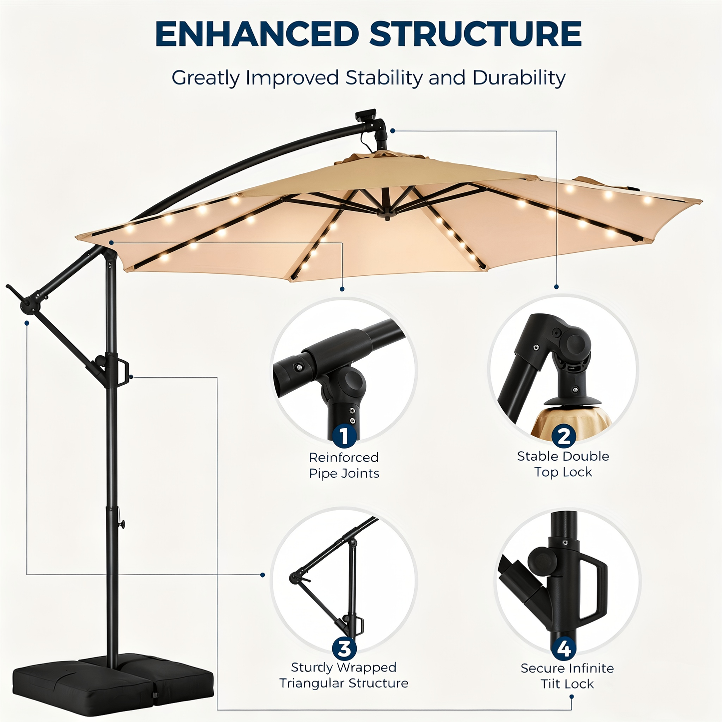 Patio Umbrella 10FT Solar LED Cantilever Style with 32 Lights, Eight-Rib Frame, Tilt and Four Colors