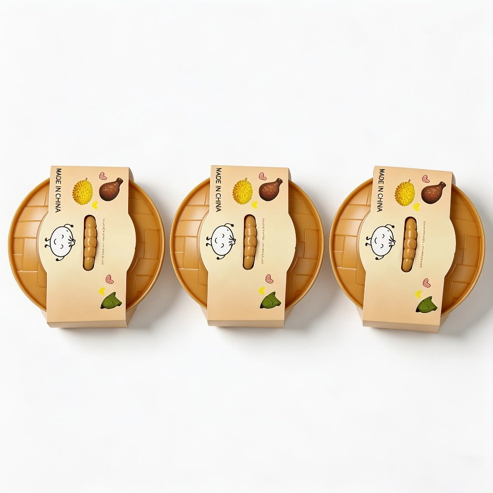 Three-Piece Random Glitter Dumpling Squishy Set with Stretchy Figures in Steamer-Style Containers