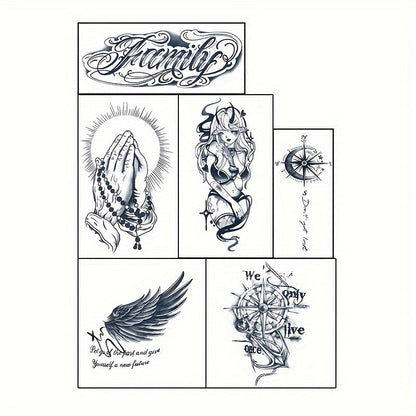 Temporary Tattoos, 6-Sheet Black Compass, Wings and Anchor Set with Large Body Art Designs