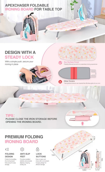 Tabletop Ironing Board with Iron Holder - Compact Portable Mini Ironing Board with Feet, Heat Resistant Cover