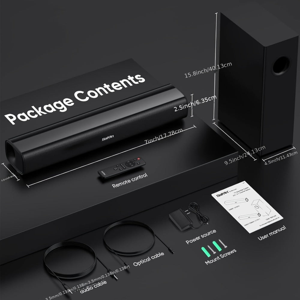 2.1 Channel Soundbar with Subwoofer for TV PC Gaming, Wireless Bluetooth Optical AUX Wall-Mountable Surround Sound System