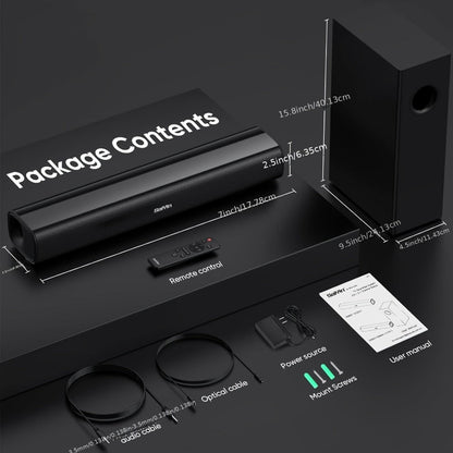 2.1 Channel Soundbar with Subwoofer for TV PC Gaming, Wireless Bluetooth Optical AUX Wall-Mountable Surround Sound System