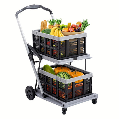 Two Tier Cart with 2 Storage Crates 360° Swivel Wheels, for Garden, Patio and Yard Use, with the Listed Configuration