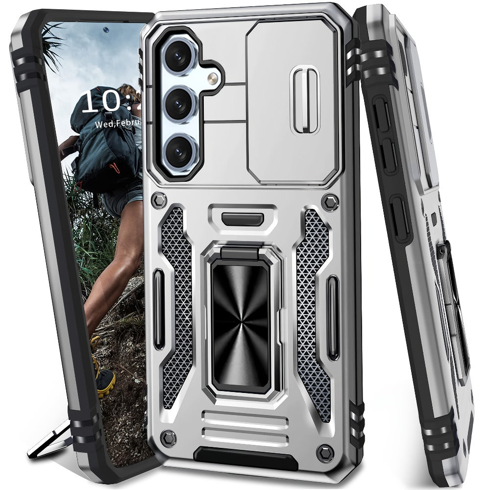 Samsung Galaxy Shockproof Magnetic Phone Case with 360° Rotating Ring Bracket & Sliding Lens Protector – Heavy Duty Cover for S24FE S23FE