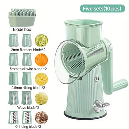 Rotary Cheese Grater with Interchangeable Blades, 5-in-1 Manual Vegetable Slicer Shredder Set, Suction Cup Base