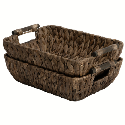 Water Hyacinth Woven Storage Baskets 2-Pack with Wooden Handles in Natural Seagrass Options