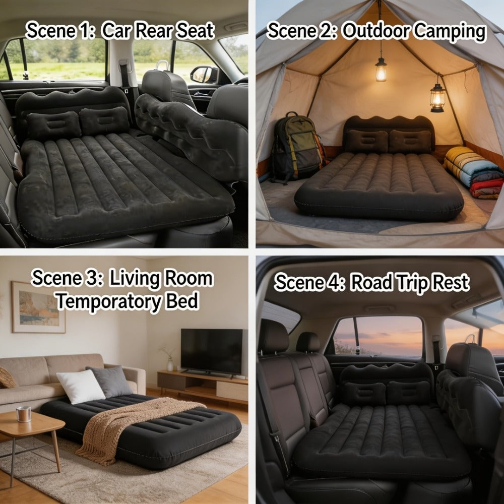 Car Inflatable Mattress for SUV Back Seat – Portable Foldable Air Bed, PVC Flocking, with Air Pump, 2 Pillows & Storage Bag (5 Colors)