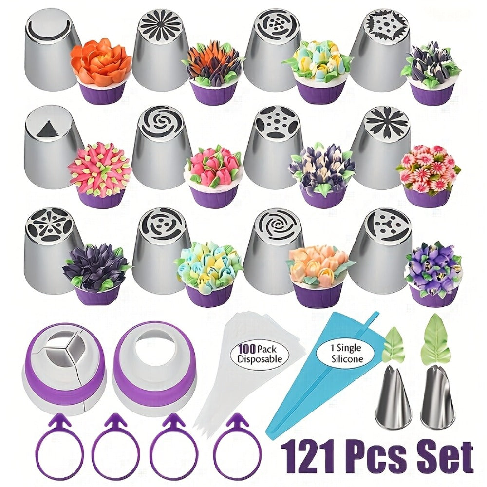 Russian Piping Nozzle Set 121pcs, 12 Flower Icing Tips, 2 Leaf Piping Tips, 2 Couplers and 100 Piping Bags