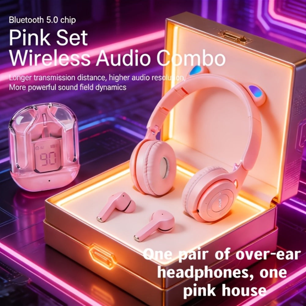 Cute Pink Cat Ear Headphones & Wireless Earbuds Gift Set Bundle LED Glowing Over-Ear for Bedside Audio, Alarms and Room Entertainment