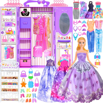 Doll Clothes & Closet Playset 91pcs for 11.5 Inch Fashion Dolls, Wardrobe with Princess Gowns, Dresses