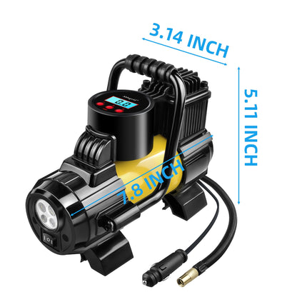 150 PSI 12V Tire Inflator with Analog Pressure Gauge, Carry Bag, Hose Accessories and Yellow or Blue Housing