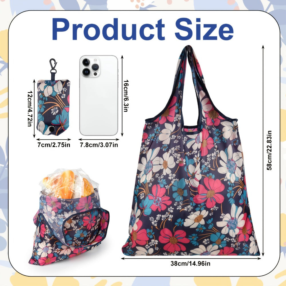 Reusable Grocery Bags Foldable Nylon Tote Bags Waterproof Washable Eco-Friendly Shopping Bag Set with Cute Floral Stripe Polka Dot Leopard