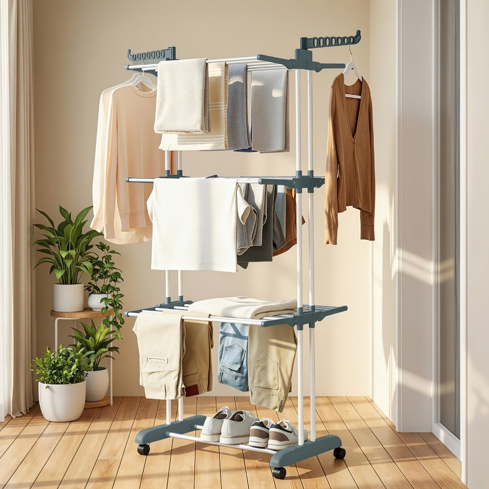 Clothes Drying Rack 4-Tier Foldable Metal Laundry Rack with Rolling Casters, Holds 30+ Garments, Adjustable Shelf Heights