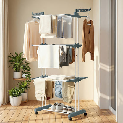 Clothes Drying Rack 4-Tier Foldable Metal Laundry Rack with Rolling Casters, Holds 30+ Garments, Adjustable Shelf Heights