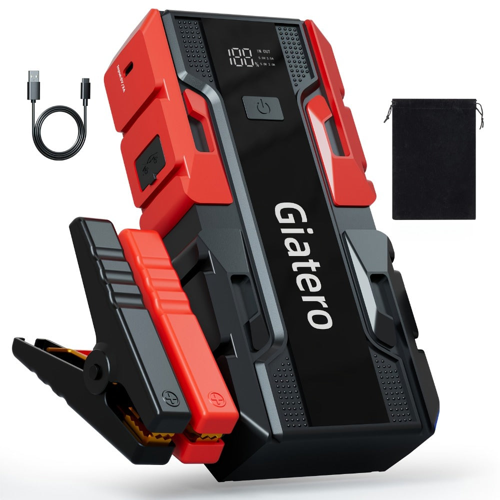 Giatero 10000A Car Jump Starter with 12V Battery Clamps, Digital Display, LED Light and Integrated Air Compressor