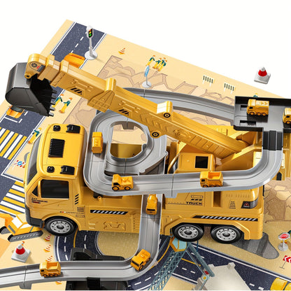 3-in-1 Crane Excavator & Racing Track Toy Set for Kids Ages 3+, Construction Vehicle Playset with Lights & Sounds
