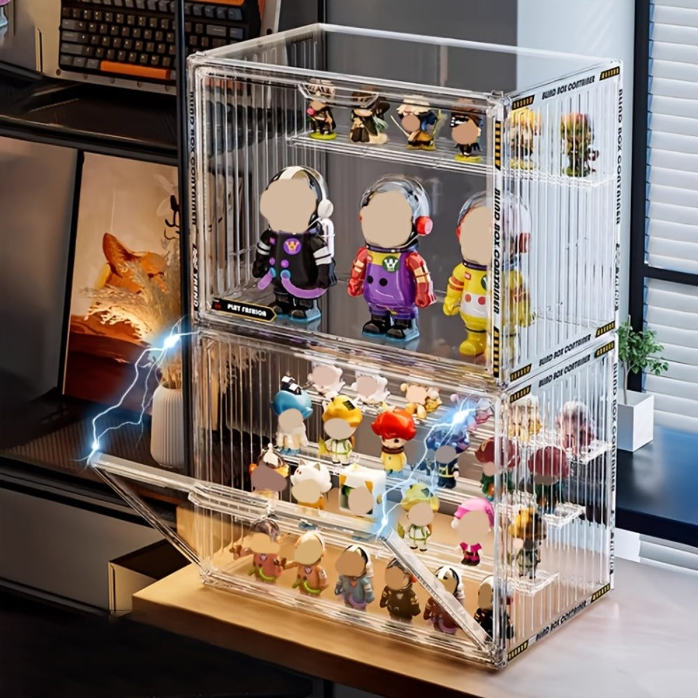 Acrylic Display Case for Figures 3 & 4 Tiers with Adjustable Dividers – Clear Dust-Proof Showcase Box with Magnetic Door for Collectibles