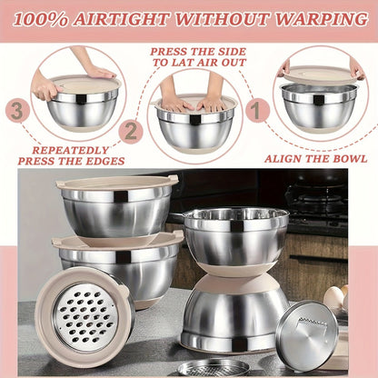 Nested Mixing Bowl Set with Khaki, Black or Mixed-Color Lids, Grater Inserts and Prep Tools