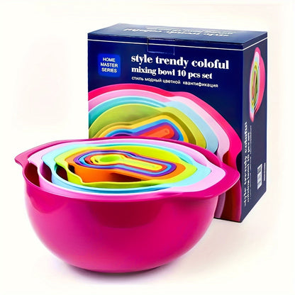 Mixing Bowl Set with Measuring Cups and Spoons, 10pcs Colorful Nesting Salad Bowls with Colander & Sifter